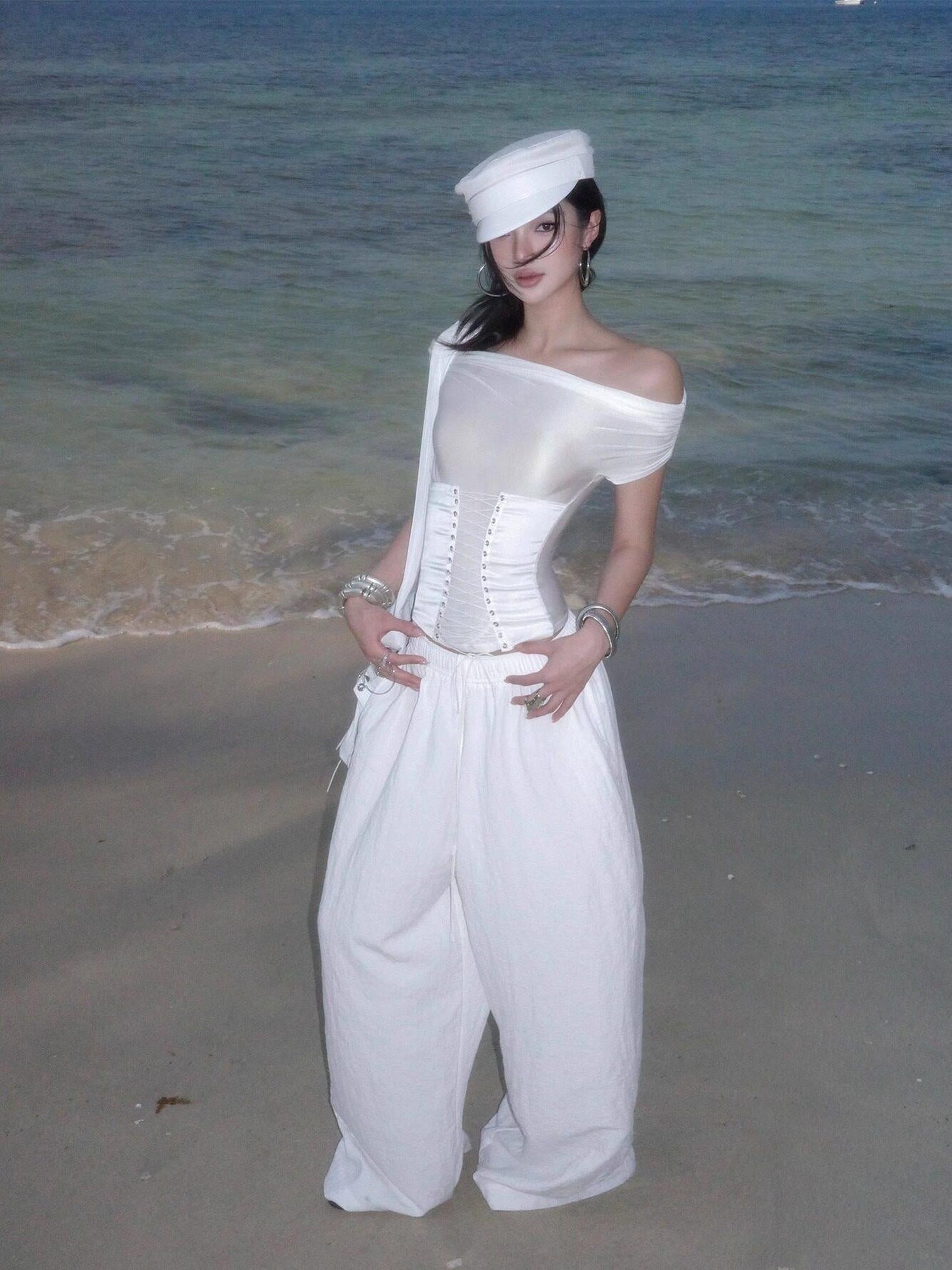rovente Breathable Cotton Linen Blend Natural Waist Office Loose White Wide Leg Pants