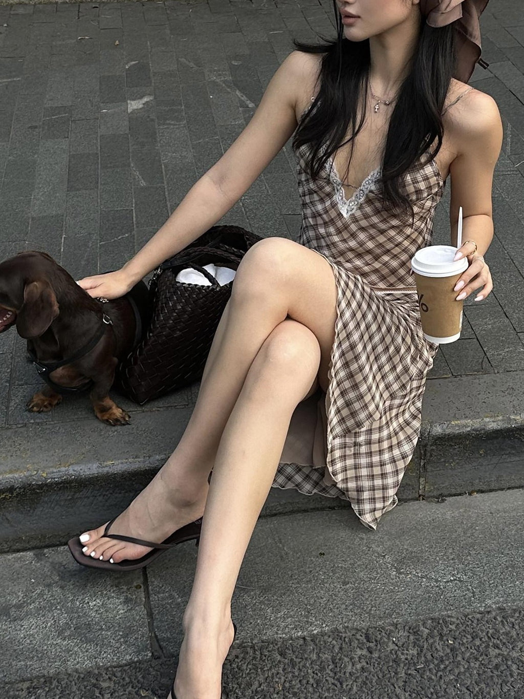 rovente Brown Plaid V-neck Two Piece Cami Skirt Set For Women Top & Skit Sets