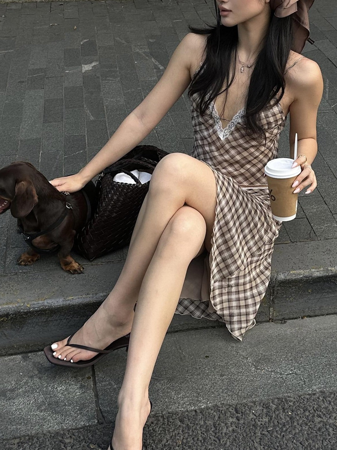 rovente Brown Plaid V-neck Two Piece Cami Skirt Set For Women Top & Skit Sets