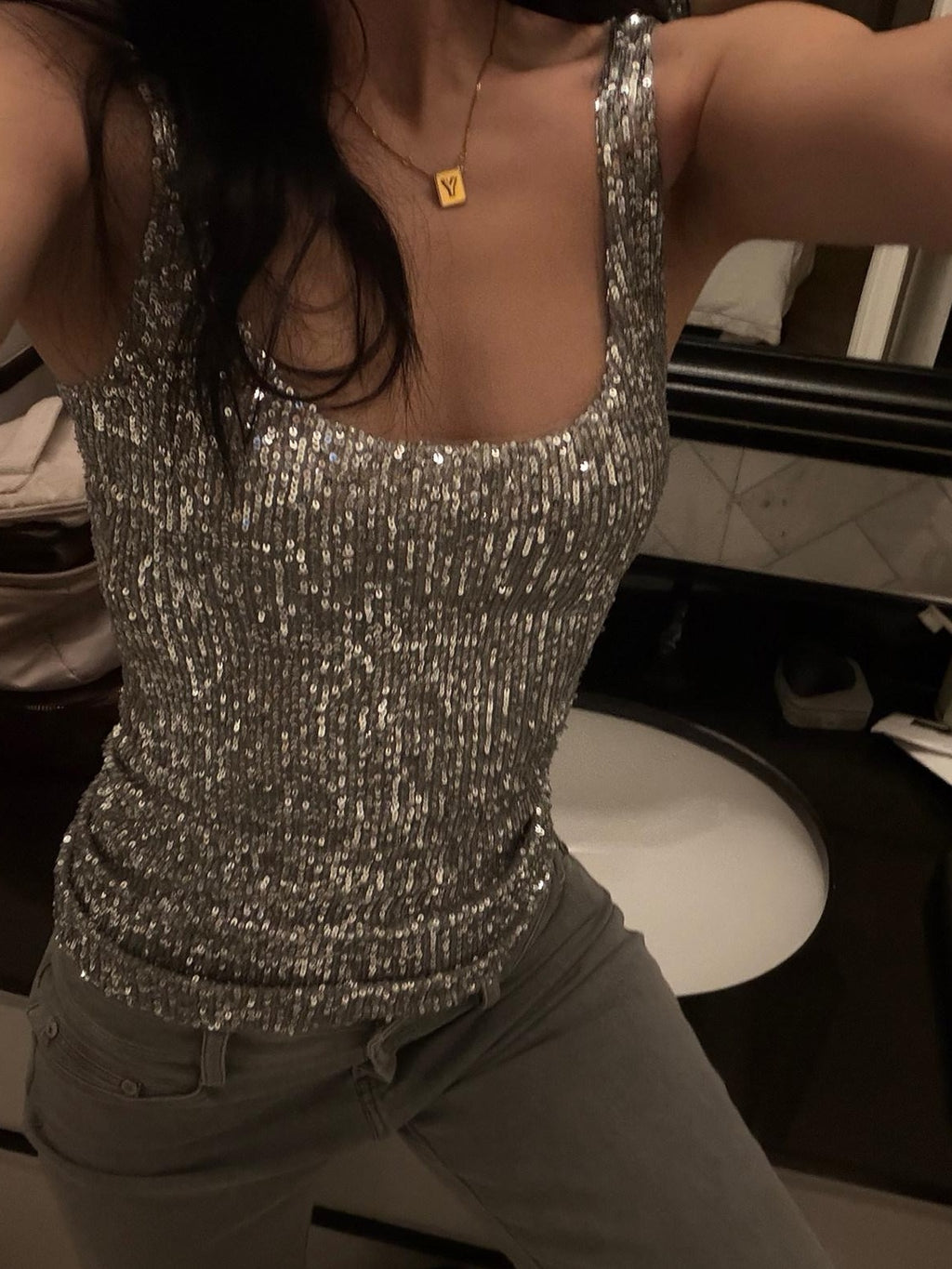 rovente Shimmer Silver High Stretch Spaghetti Strap Slim U Neck Party Travel Camisoles