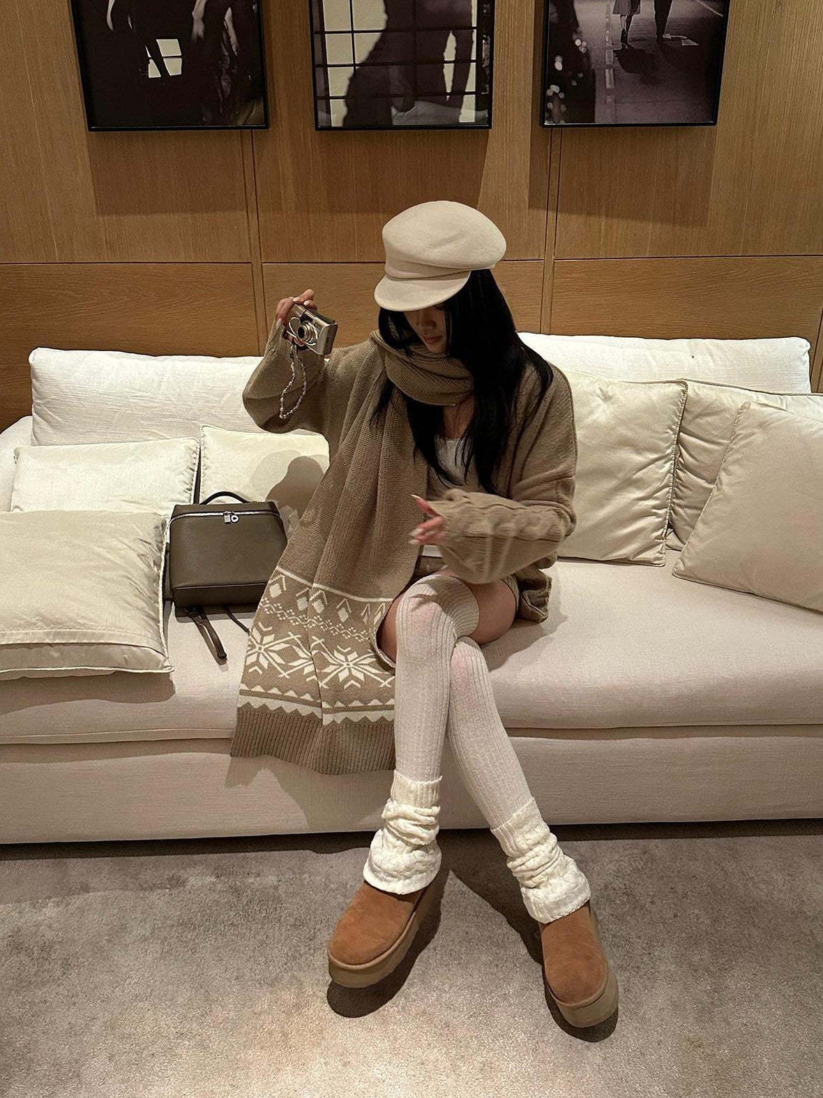 rovente Warm Button Cardigan Loose Commuter Knit Apricot Sweater Shorts Top & Shots Sets