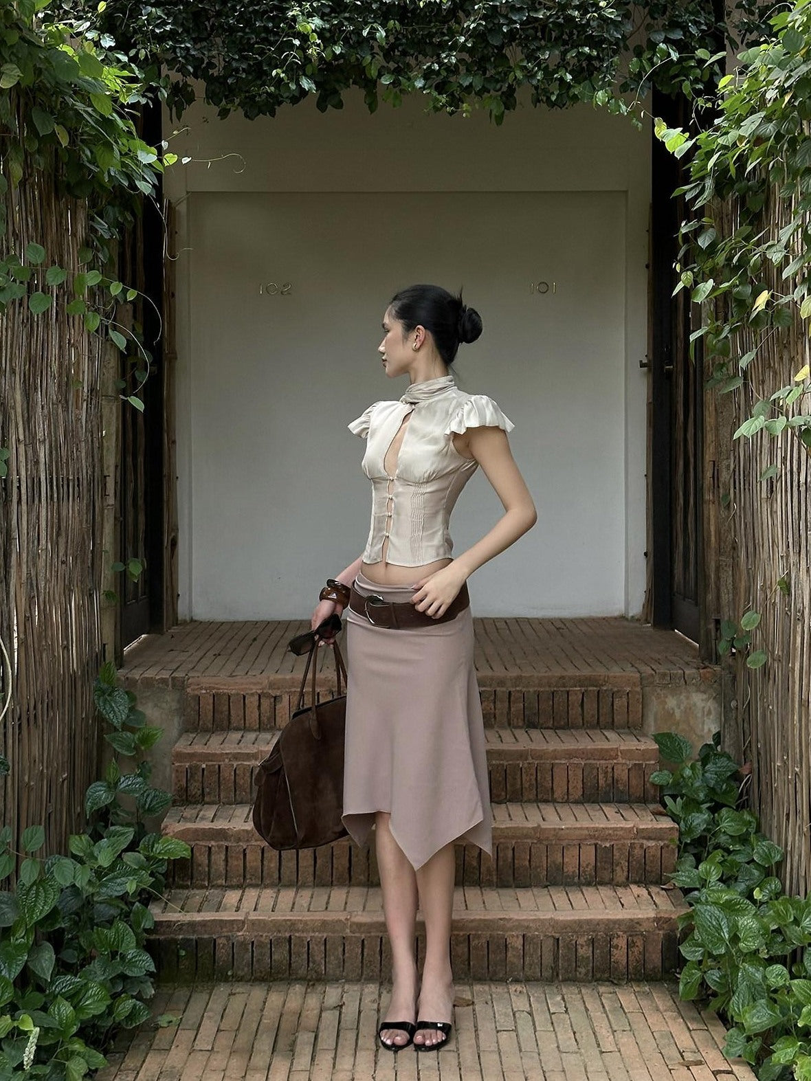 rovente Lined Mid Waist Slim Fit Commuter Office Polyester Deep Nude Midi Skits