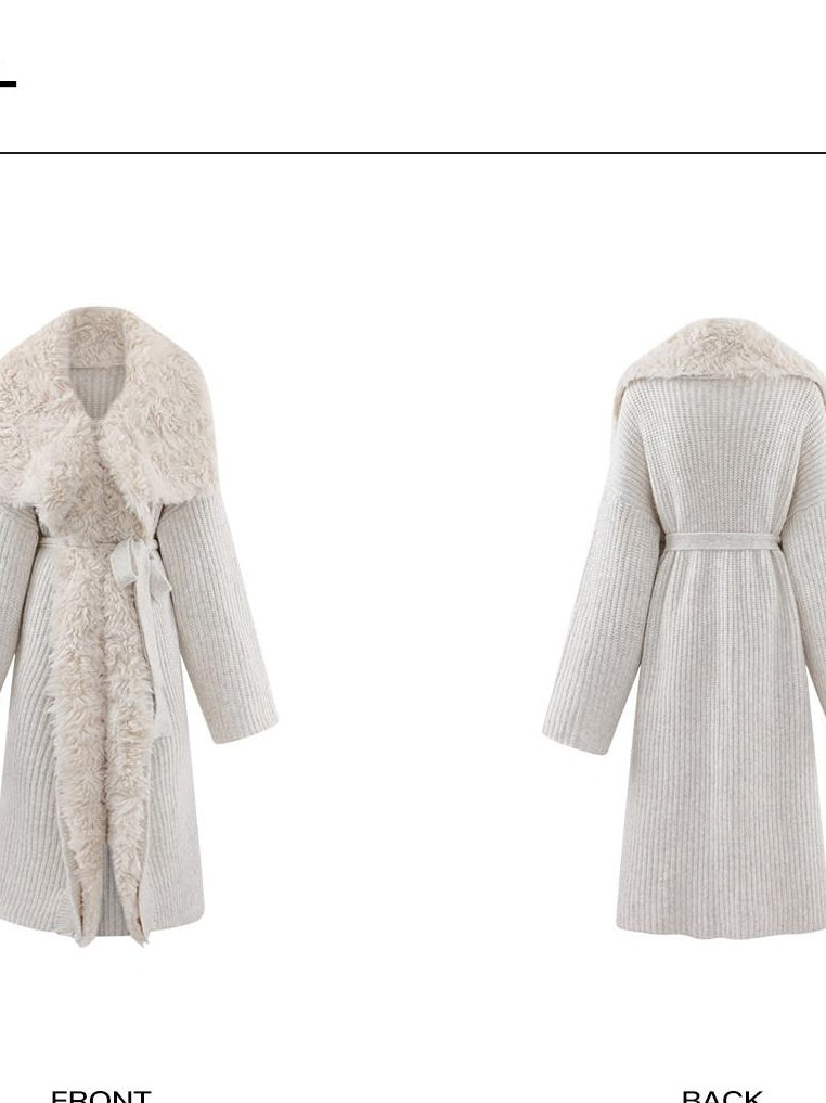 rovente Warm Wool Blend Longline Loose Tie Detail Women Open Front Knit Beige Cadigans