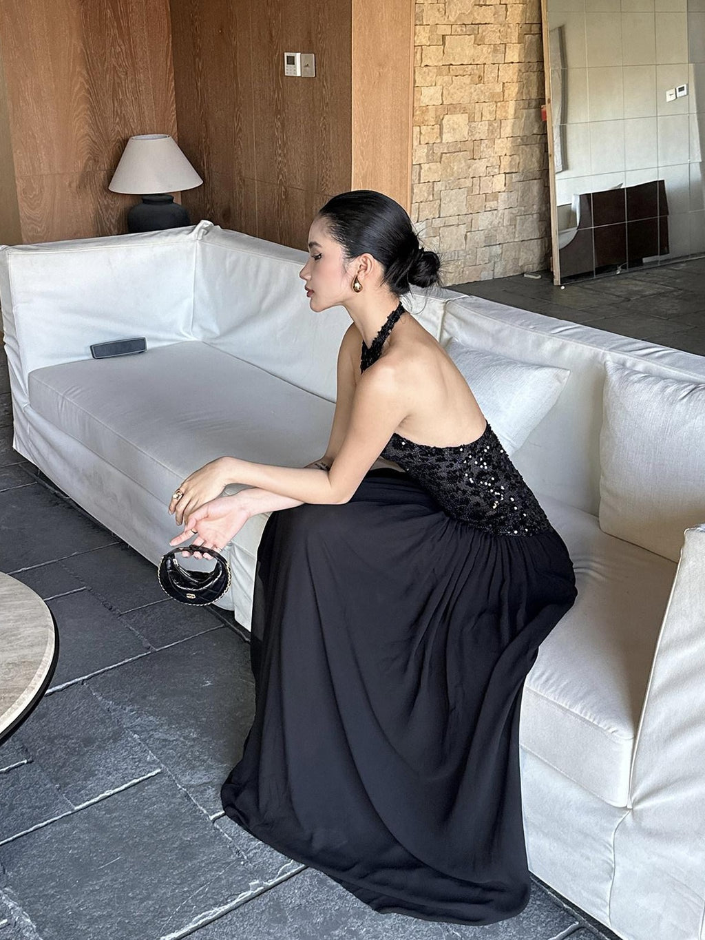 rovente Elegant Sequin Halter Natural Waist Party Black Stretch Maxi Desses