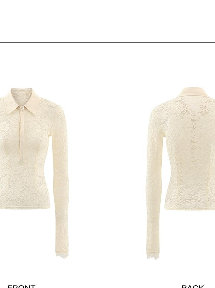 rovente Soft Nylon Spandex Lace Slim Fit V-neck Knit Women Beige Long Sleeve T-Shits