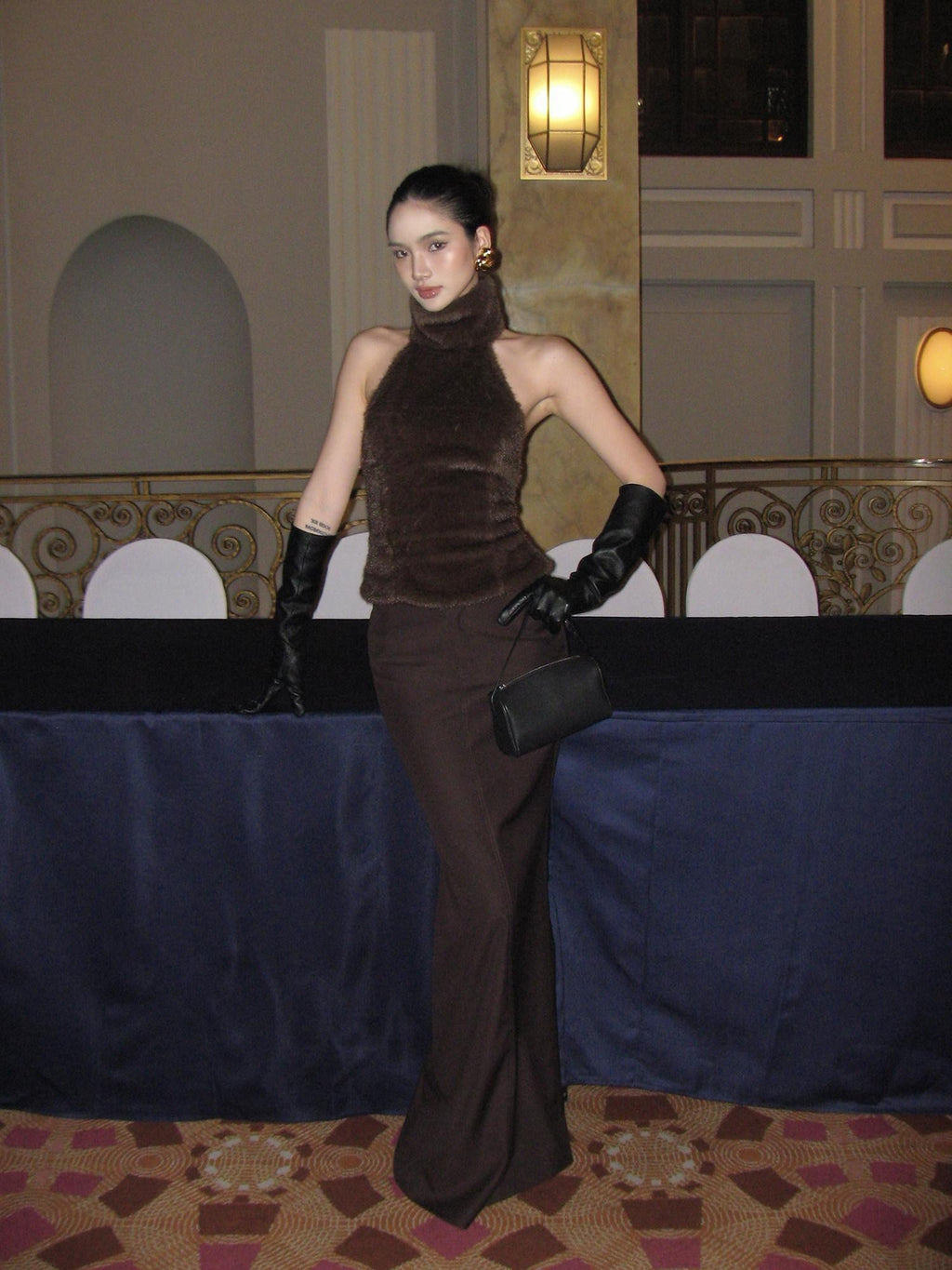 rovente Lined Back Slit Minimalist Low Waist Pencil Skirt With Pockets Brown Maxi Skits