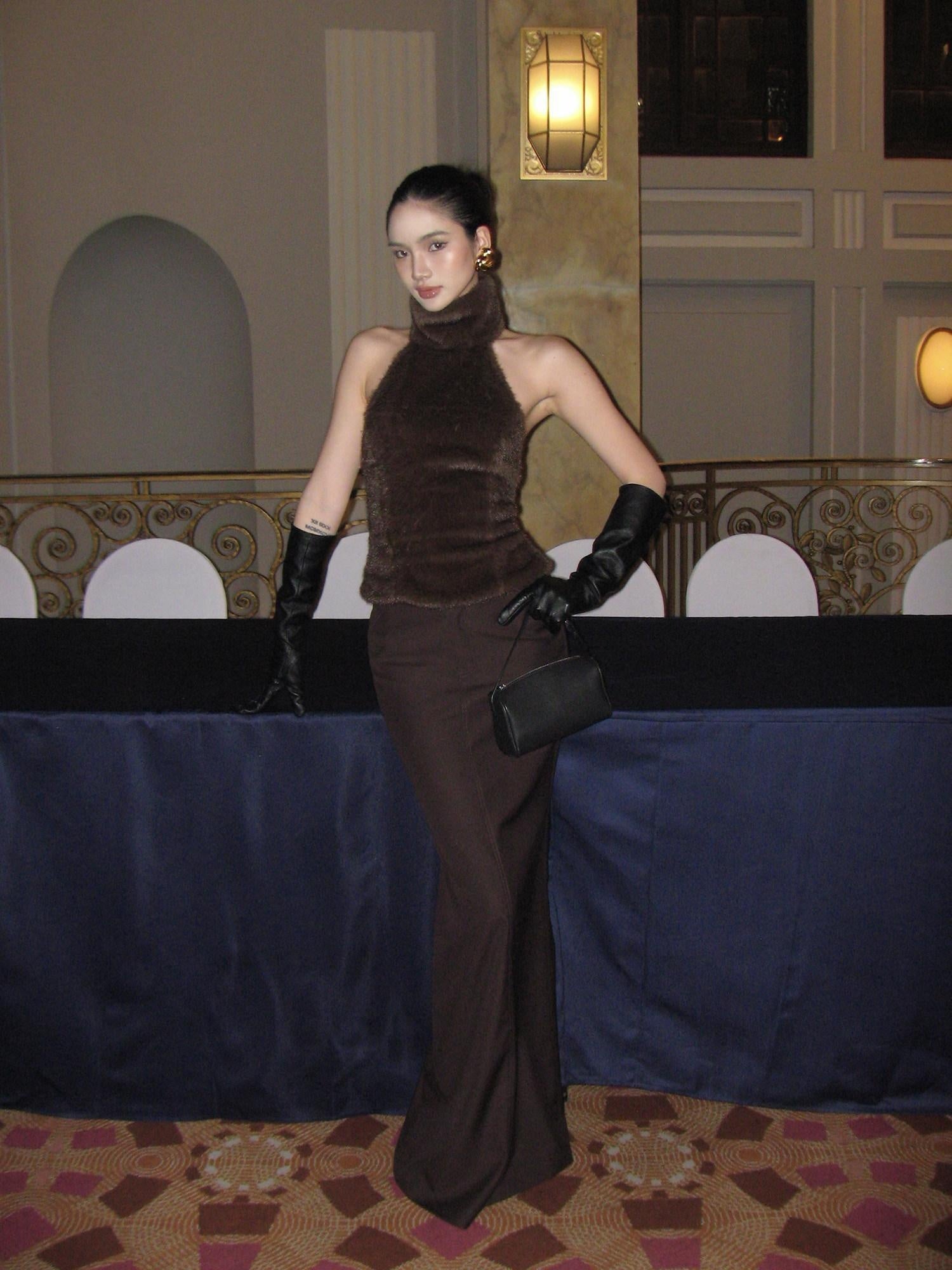 rovente Lined Back Slit Minimalist Low Waist Pencil Skirt With Pockets Brown Maxi Skits
