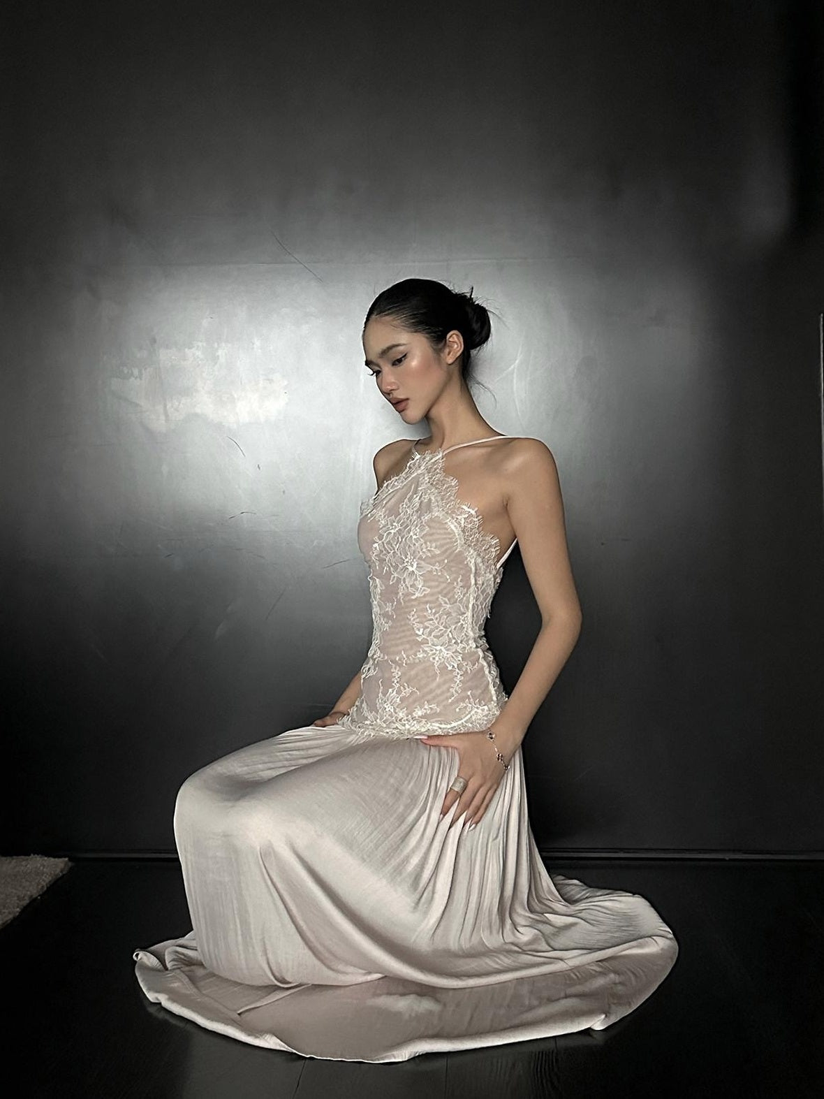 rovente Elegant High Waist Lace A Line Cami Knit Dress Date Women Apricot Maxi Desses