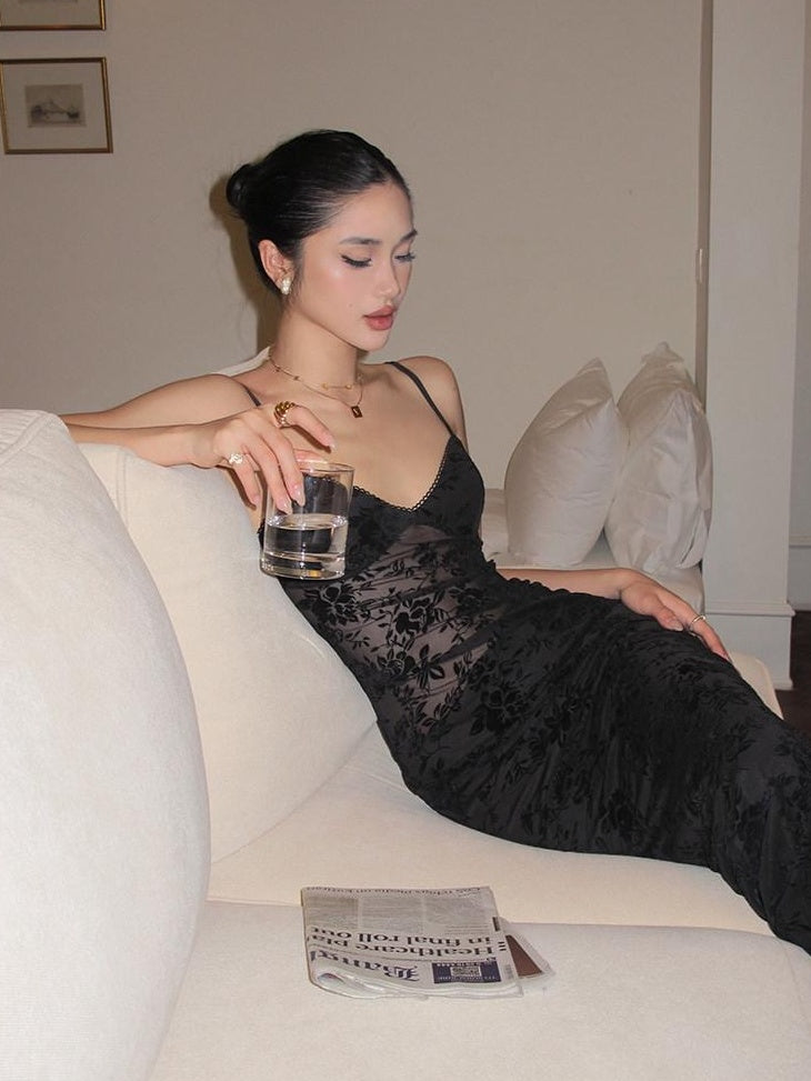 rovente Elegant High Waist V-neck Sleeveless Bodycon Travel Black Stretch Maxi Desses
