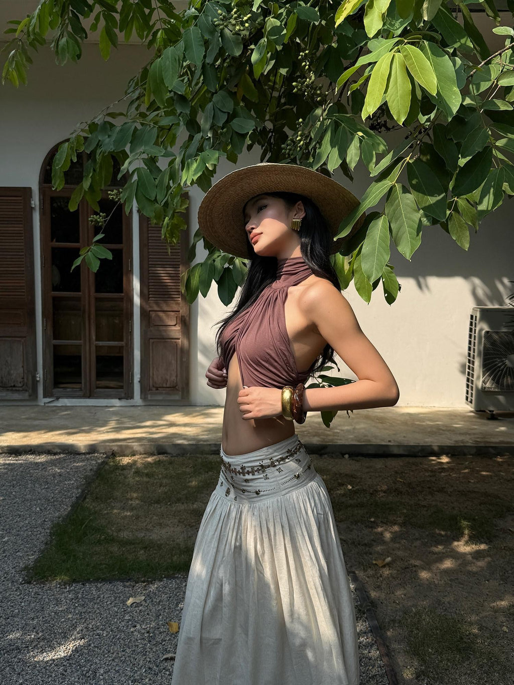 rovente Soft Modal Stretch Slim Halter Neck Cropped Solid Coffee Brown Camisoles