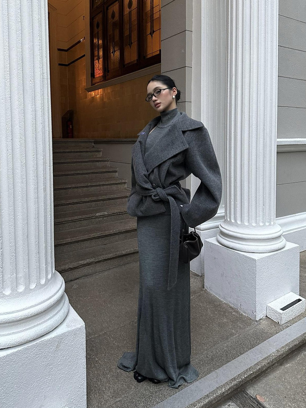 rovente Warm Thick Stand Collar Loose Korean Pocket Women Dark Gray Wool Coats