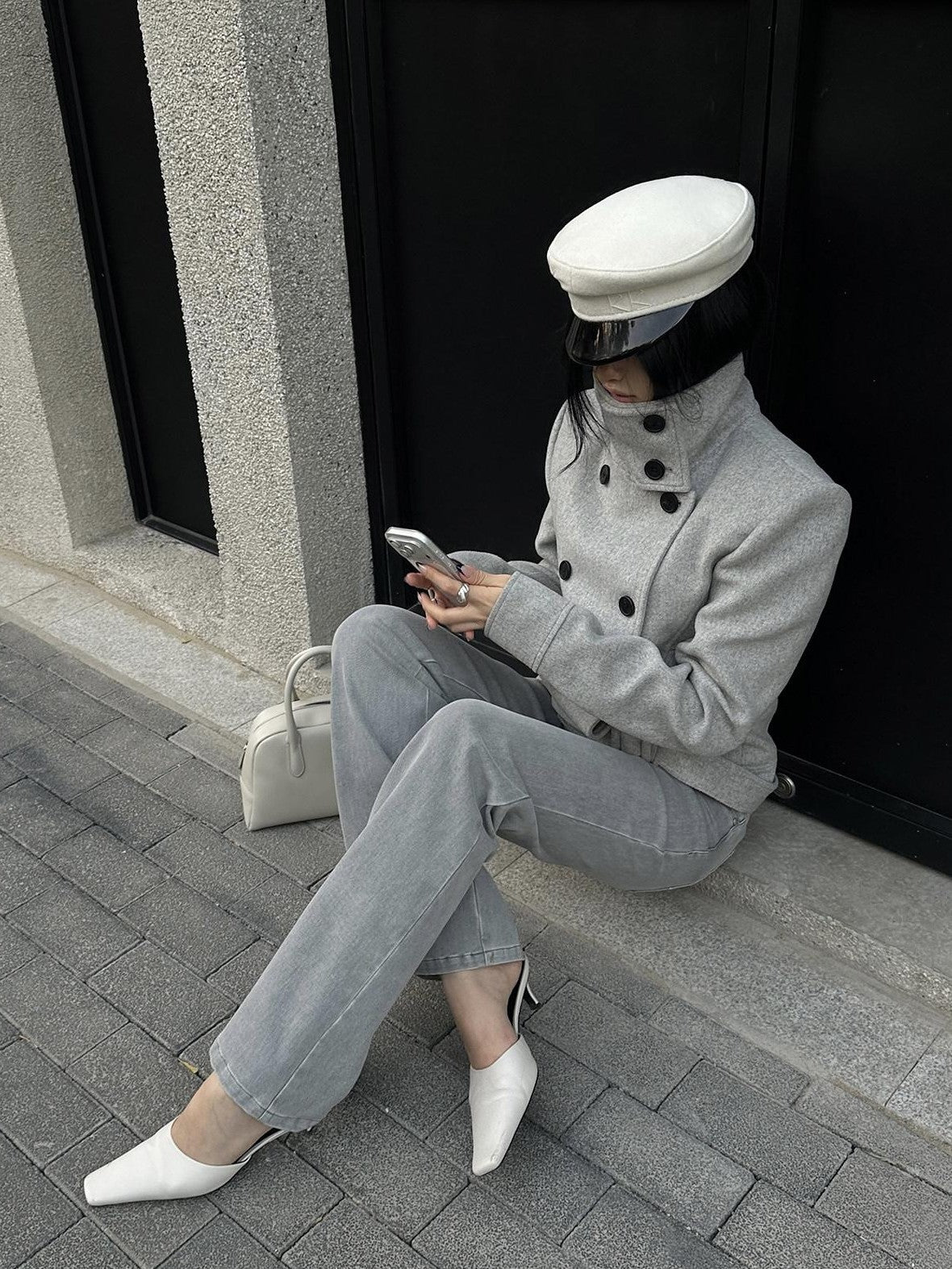 rovente Wool Blend Warm Minimal Loose Commuter Double Breasted Stand Collar Shot Coat