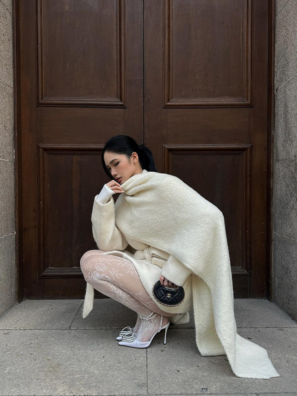rovente Warm Wool Blend Double Breasted Oversized Commuter Women Ivory Shawl Wool Coats