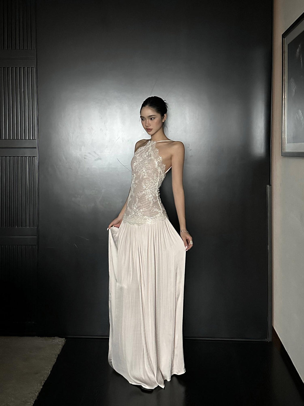 rovente test Elegant Lace High Waist Nylon A Line Date Night Beige Maxi Dresses