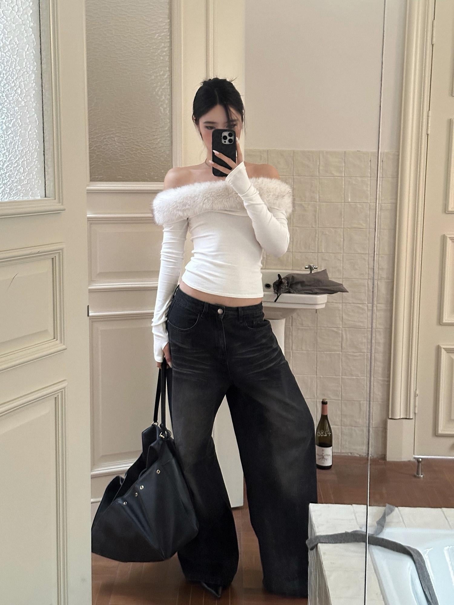 rovente Soft Stretch Knit Slim Fit Casual Long Sleeve White Women Off Shoulde Cop Tops