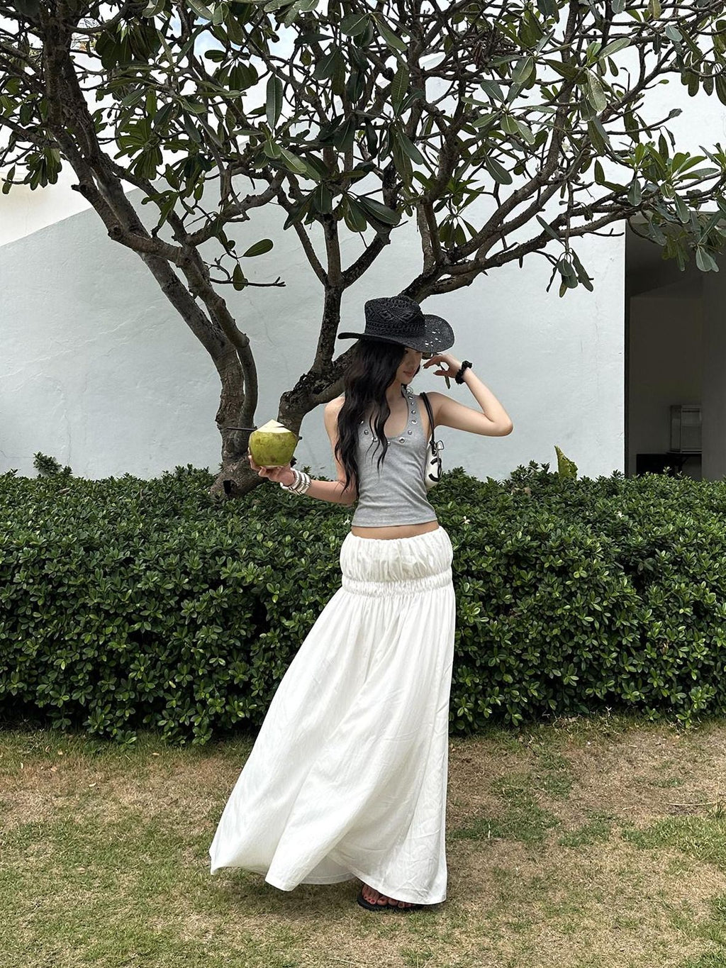 rovente Low Waist Cotton Nylon Versatile Loose H Line Mid Length White Maxi Skits