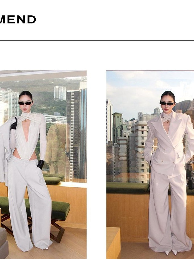 rovente Relaxed Pocket Double Breasted Notch Lapel Women Office White Top & Pants Sets