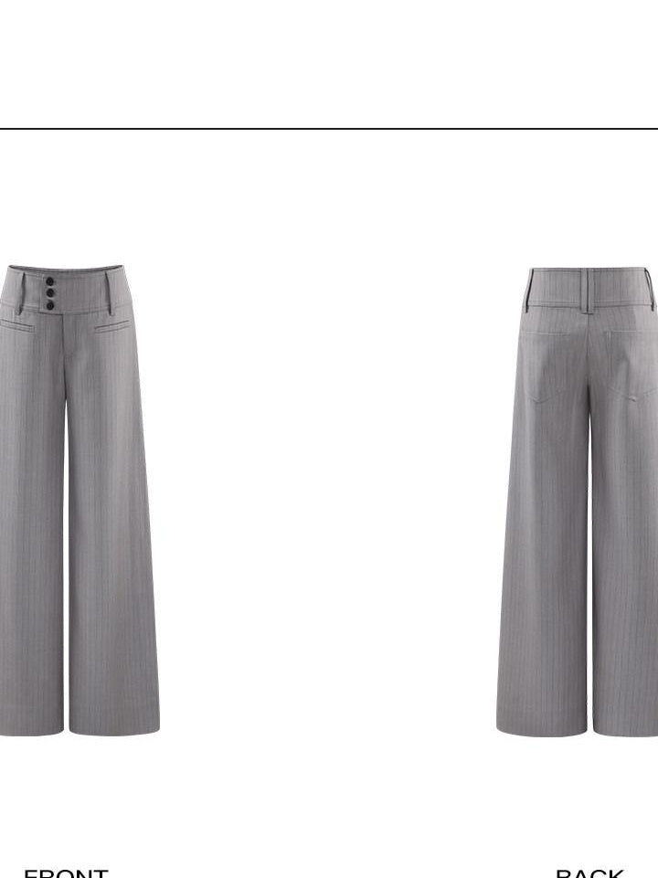 rovente Low Rise Pockets Minimalist Fine Stripes Casual Women Grey Wide Leg Pants