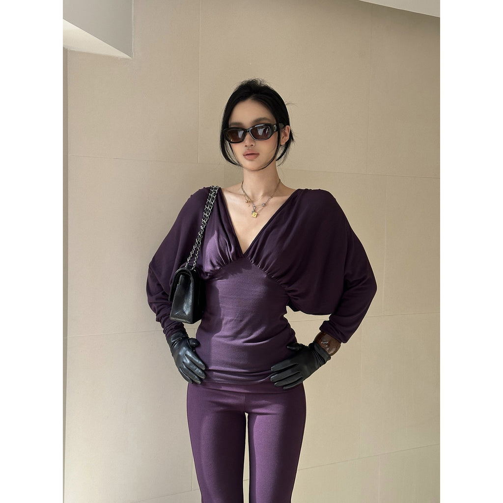 rovente_Lyocell_Wool_Knit_Slim_V-neck_Casual_Women_Purple_Black_Top_&_Pants_Sets_MISSTT