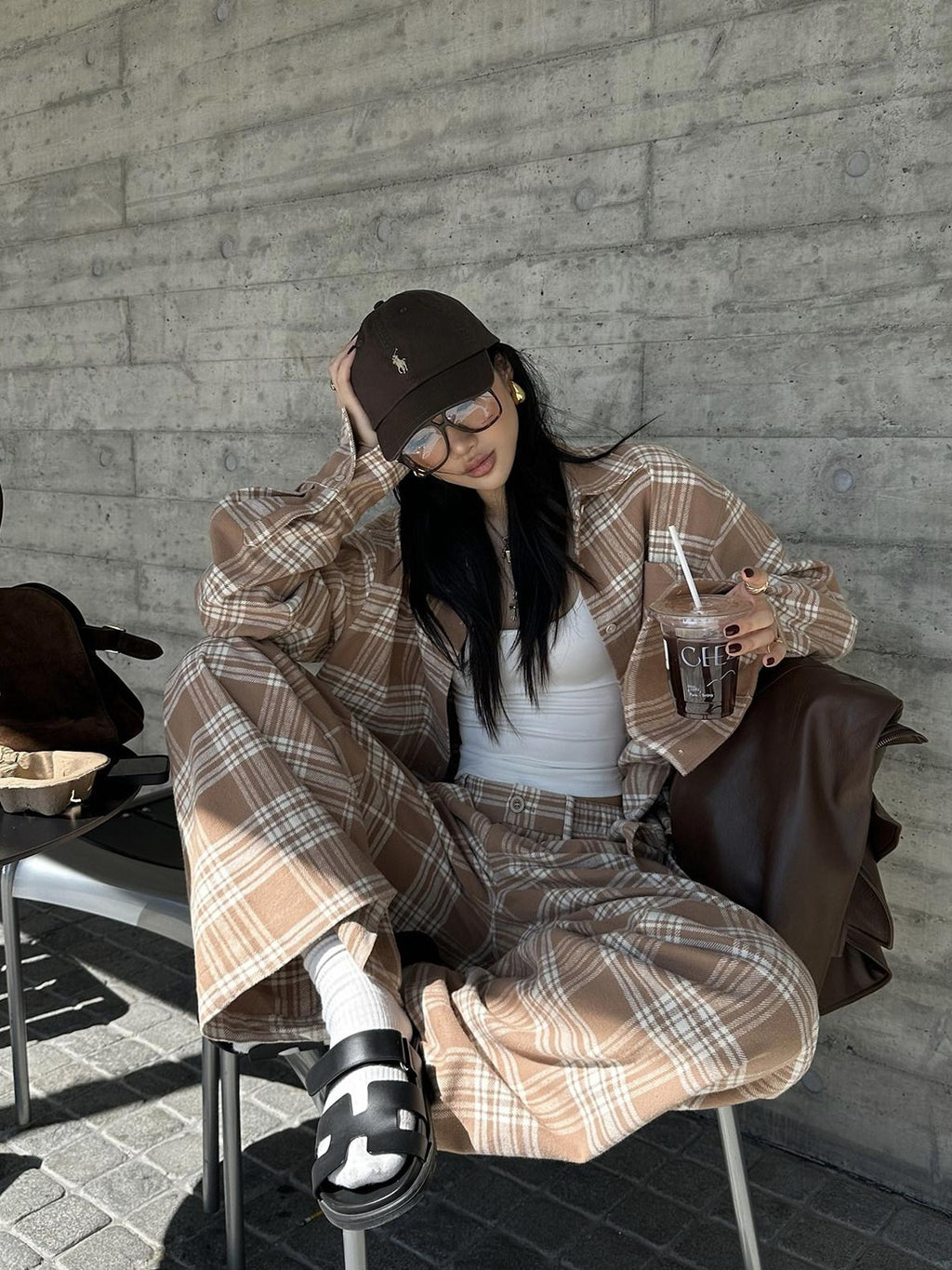 rovente 100% Cotton Plaid Casual Relaxed Zipper Natural Waist Women Wide Leg Pants