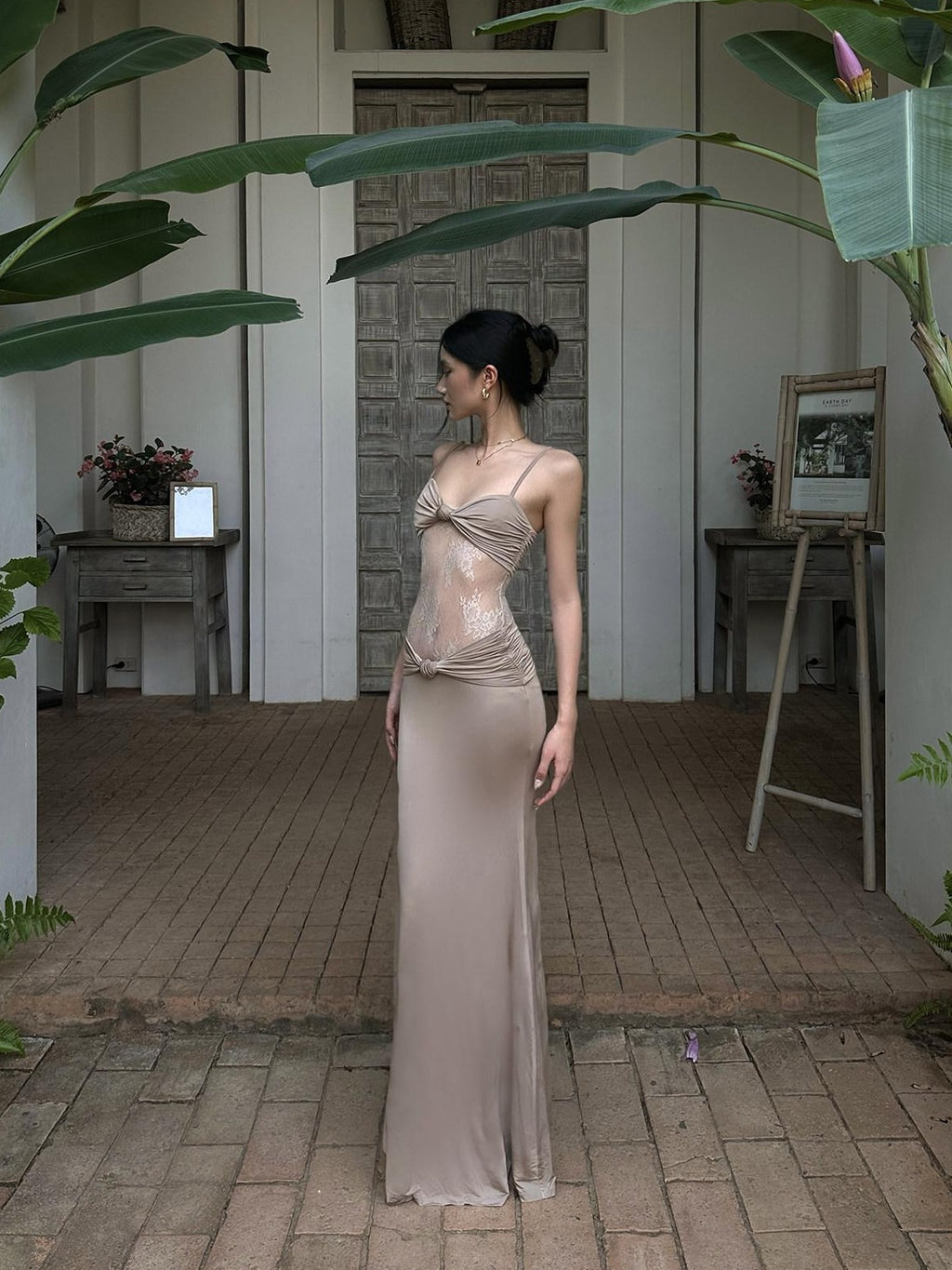 rovente Stretchy Knit Bodycon Camisole Date Night Dress Khaki For Women Maxi Desses