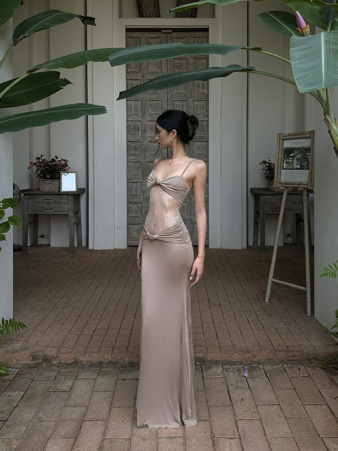 rovente Stretchy Knit Bodycon Camisole Date Night Dress Khaki For Women Maxi Desses