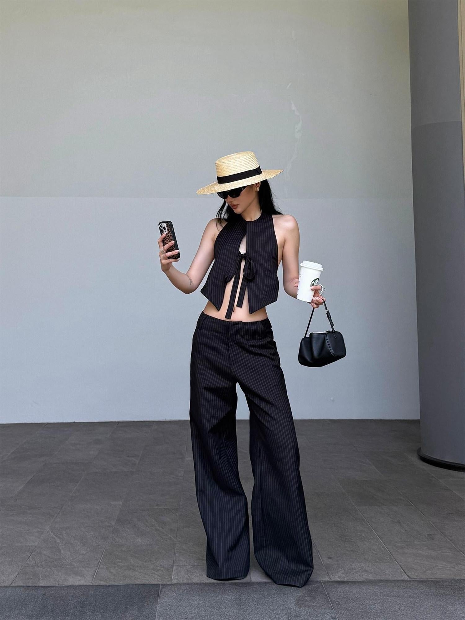 rovente Original Design Halter Neck Cropped Solid Black Women Polyester Cotton Camisoles
