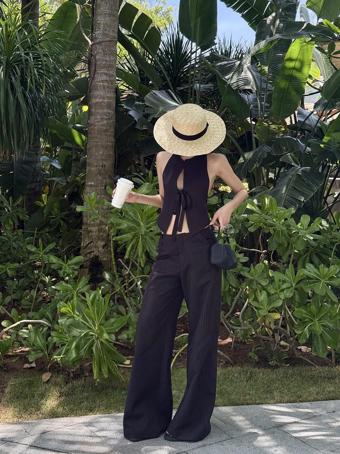 rovente Professional Office Natural Waist Black Pinstripe Polyester Long Wide Leg Pants