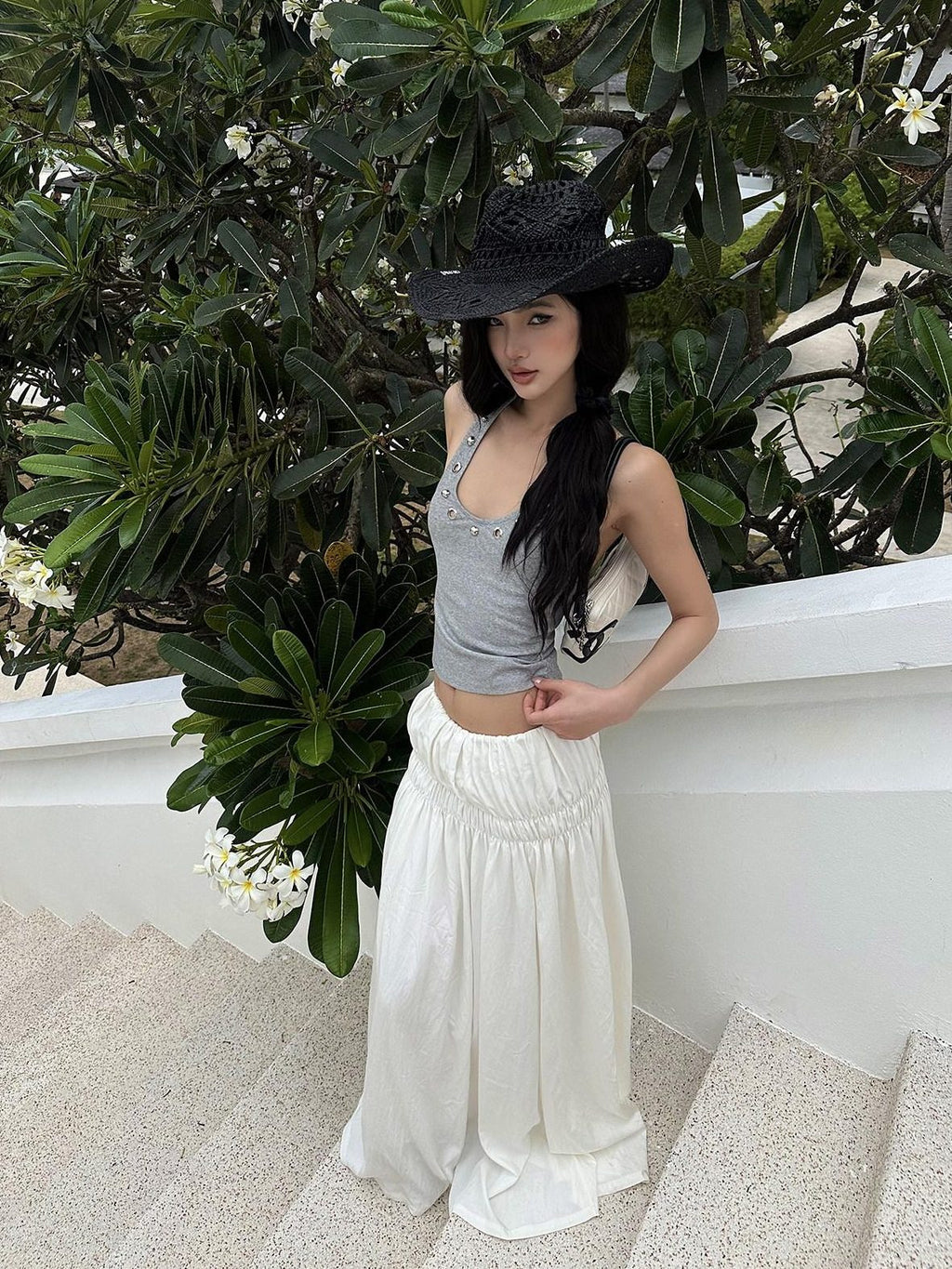 rovente Low Waist Cotton Nylon Versatile Loose H Line Mid Length White Maxi Skits