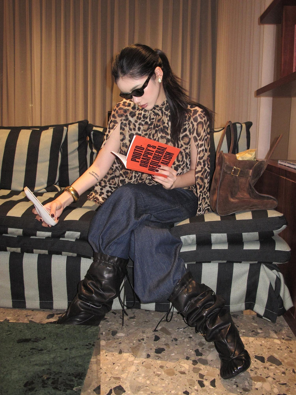 rovente 100 Percent Polyester Leopard High Neck Side Slit Button Shot Sleeve T-Shits