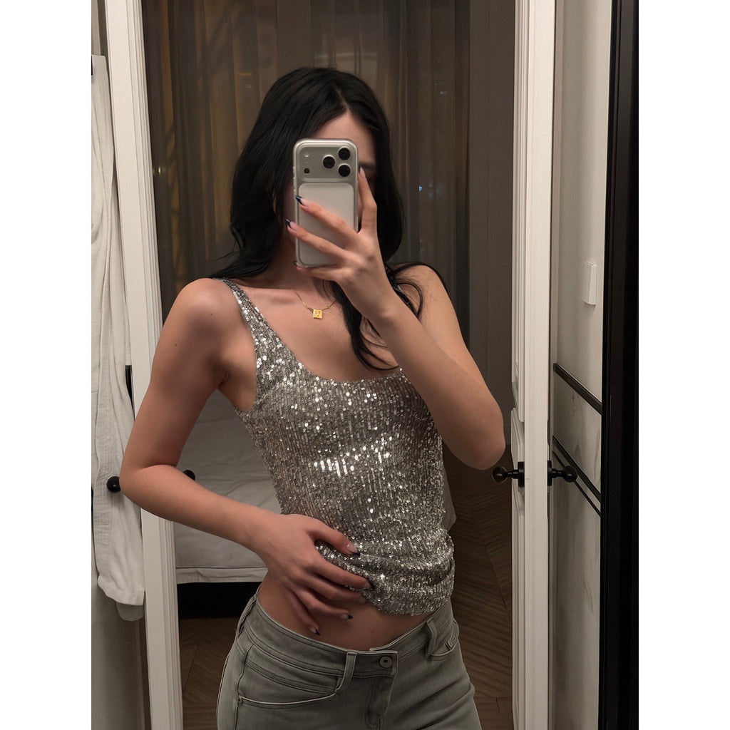rovente_Shimmer_Silver_High_Stretch_Spaghetti_Strap_Slim_U_Neck_Party_Travel_Camisoles_MISSTT