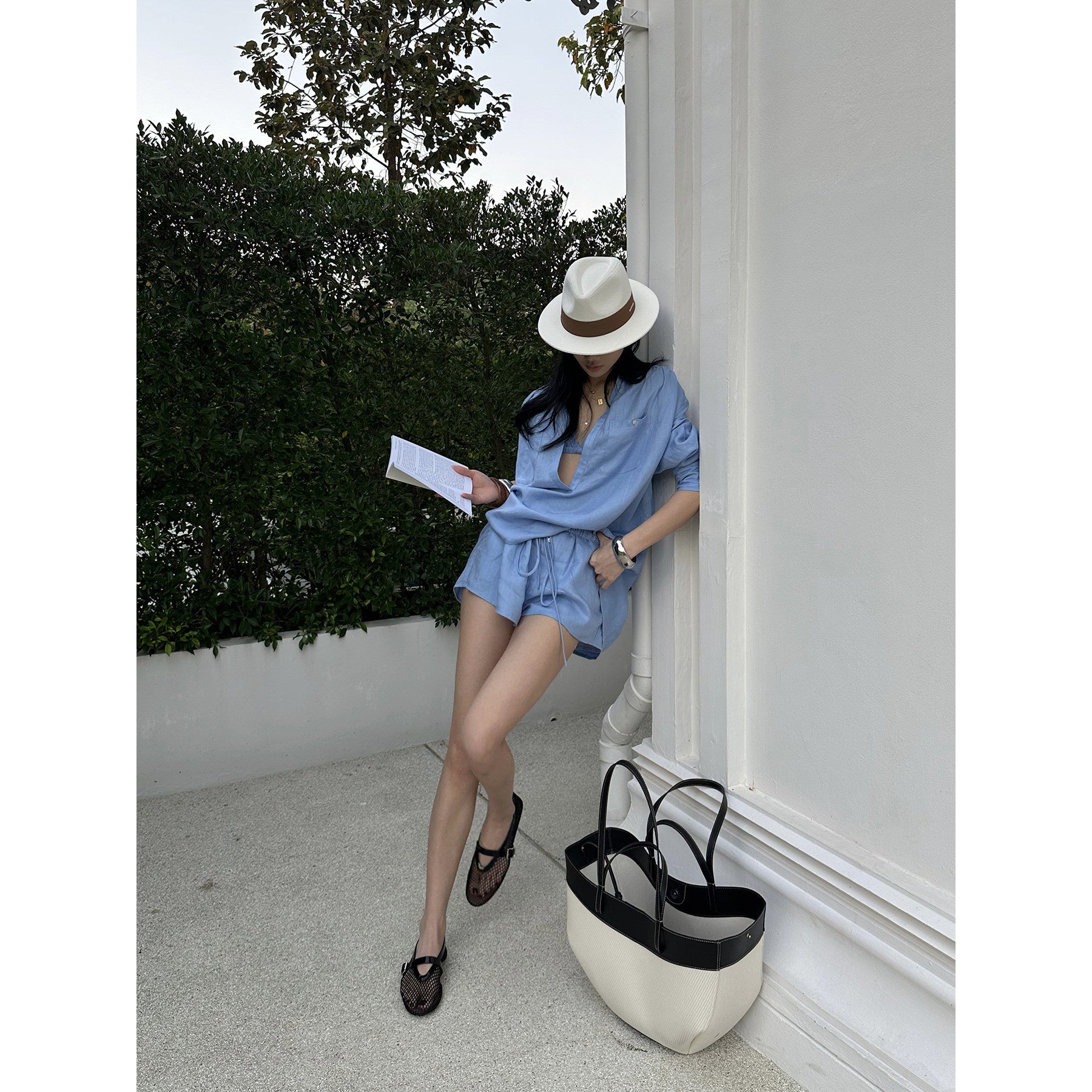 rovente_Lyocell_3_Piece_Loose_V-neck_Long_Sleeve_Casual_Blue_Top_&_Shots_Sets_MISSTT
