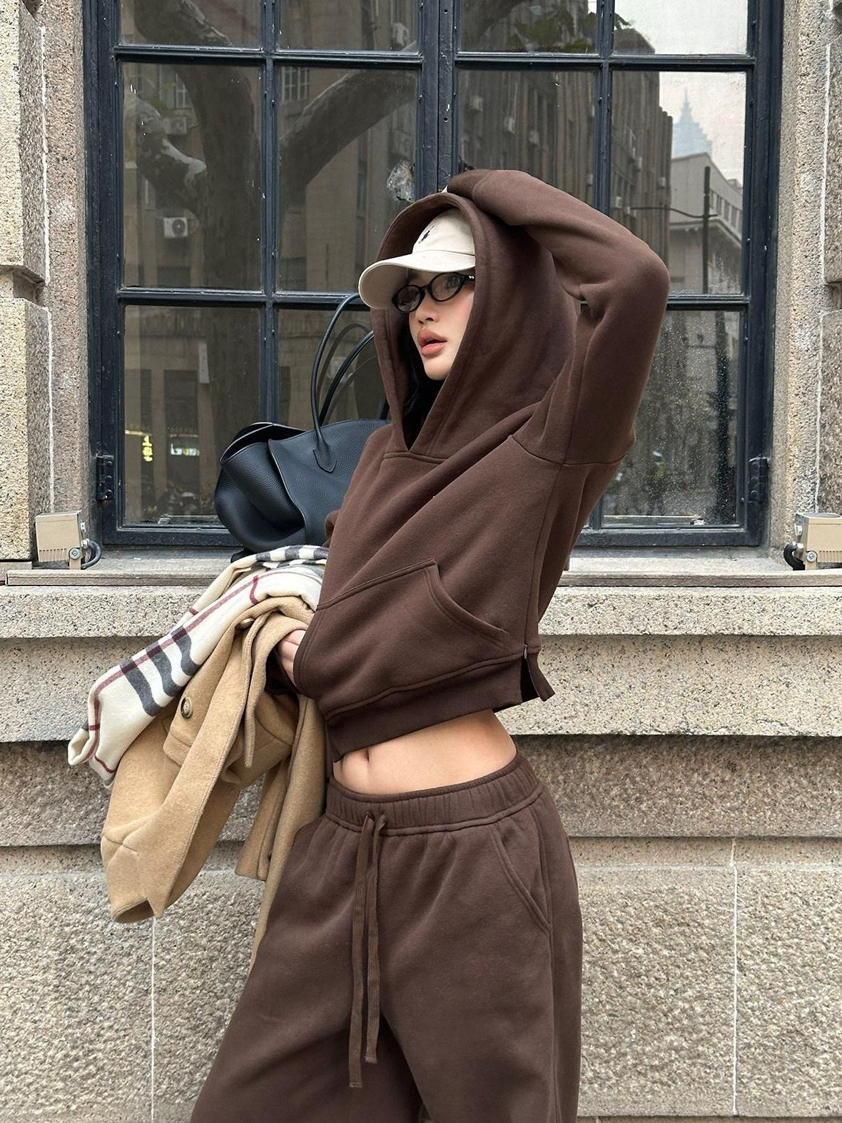 rovente Warm Cotton Blend Loose Fit Hooded Two Piece Casual Women Coffee Hoodie