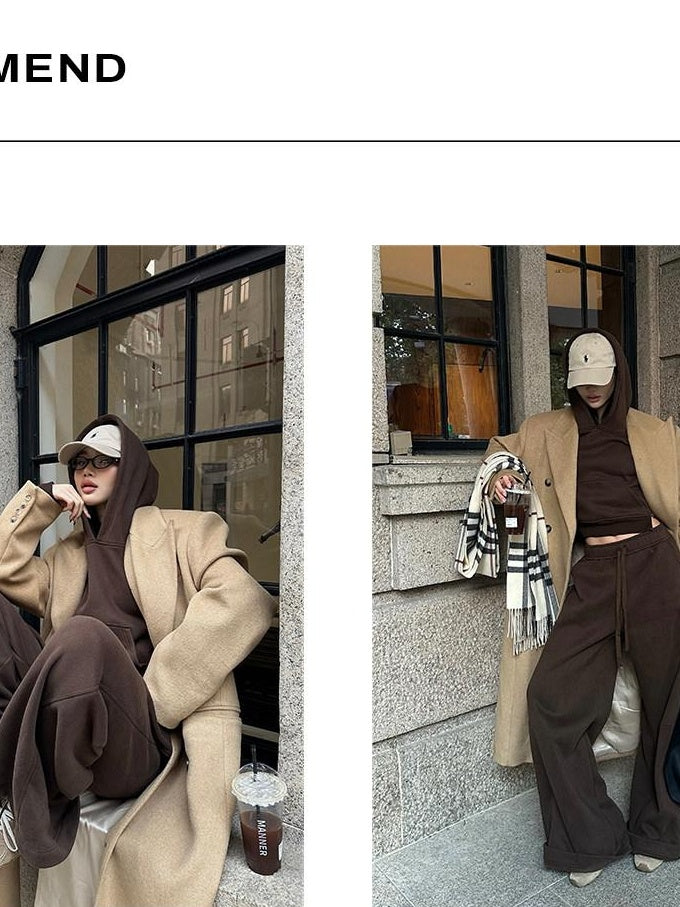 rovente Warm Cotton Blend Loose Fit Hooded Two Piece Casual Women Coffee Hoodie