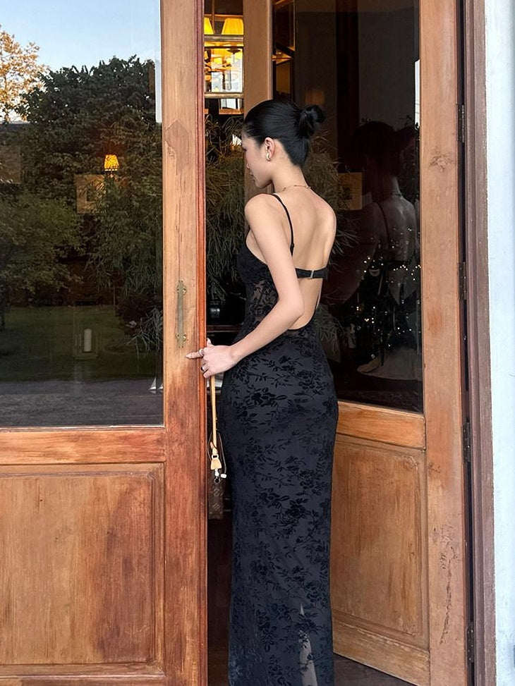 rovente Elegant High Waist V-neck Sleeveless Bodycon Travel Black Stretch Maxi Desses
