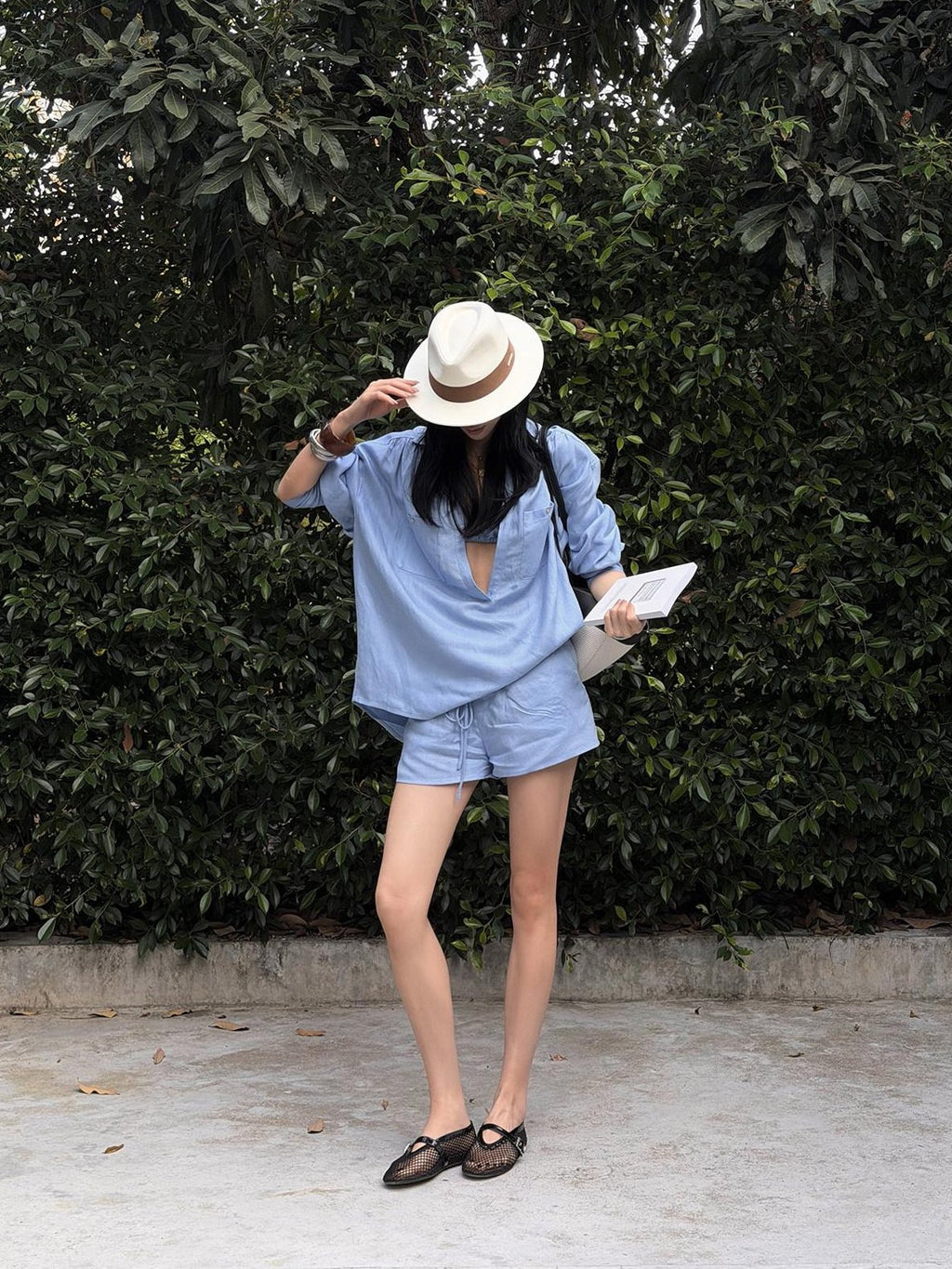rovente Lyocell 3 Piece Loose V-neck Long Sleeve Casual Blue Top & Shots Sets