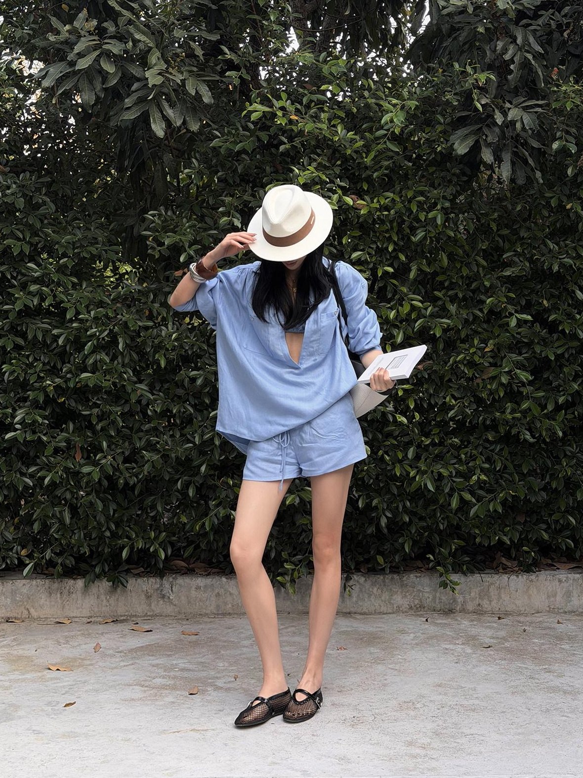rovente Lyocell 3 Piece Loose V-neck Long Sleeve Casual Blue Top & Shots Sets