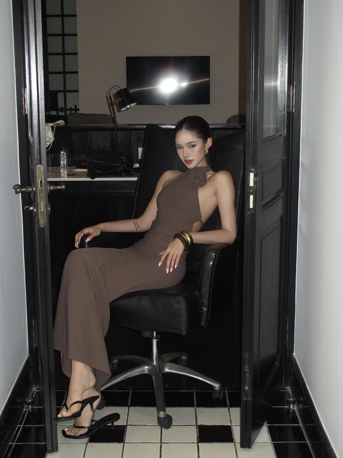 rovente Soft Knit Halter Cinched Waist Mermaid Bodycon Evening Maxi Desses