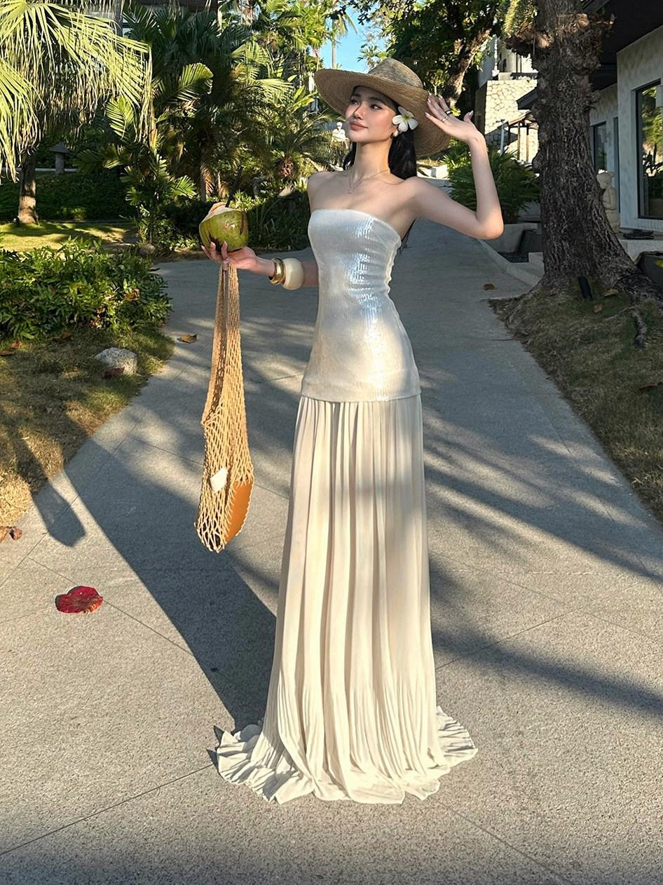 rovente test Elegant Shimmer Strapless Slim Natural Waist Travel Beige Maxi Dresses