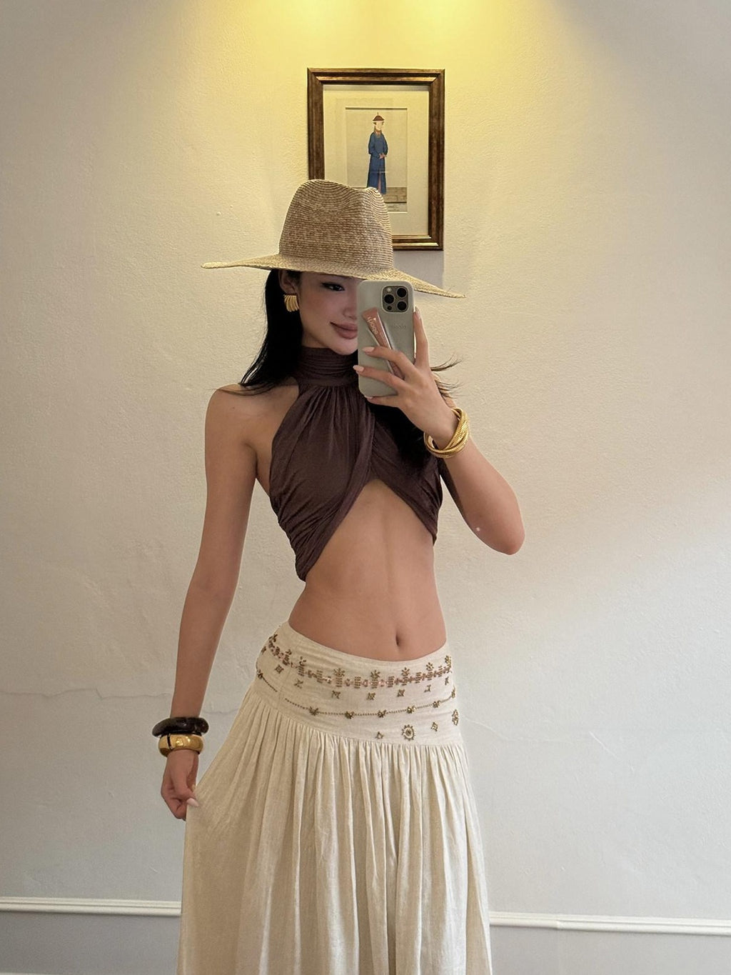 rovente Soft Modal Stretch Slim Halter Neck Cropped Solid Coffee Brown Camisoles