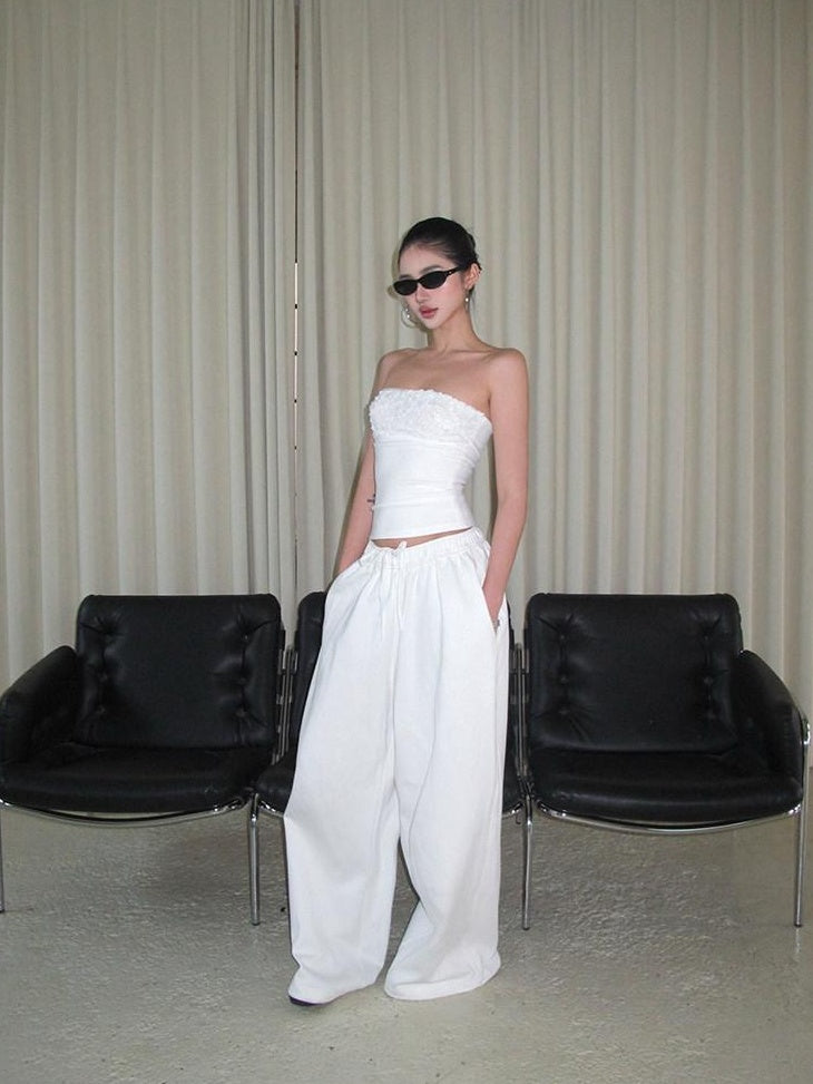 rovente Versatile Low Rise Elastic Waist Cotton White Loose Women Wide Leg Pants