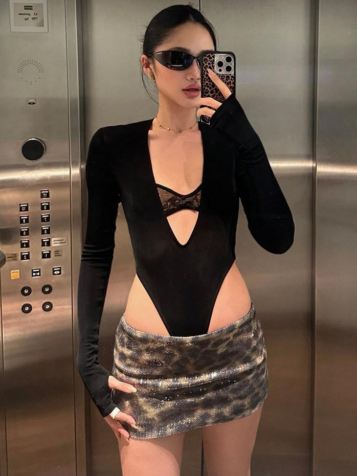 rovente Sexy V-neck Slim Fit Stretch Black Acetate Women Casual Long Sleeve T-Shits