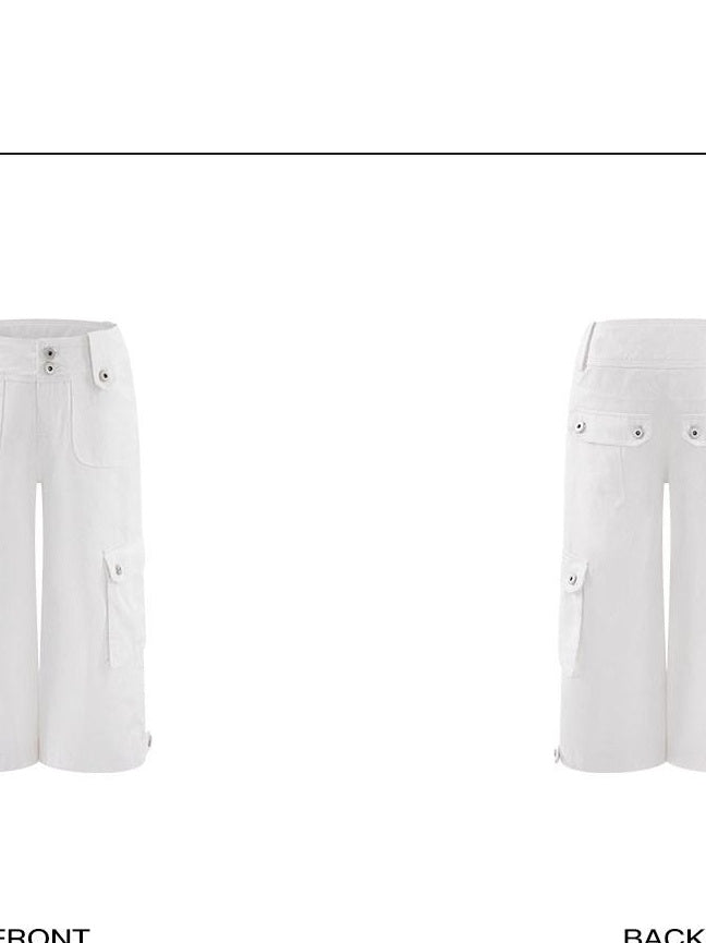 rovente Pure Cotton Minimalist Cargo Pockets Low Waist Women White Mid-Length Shots