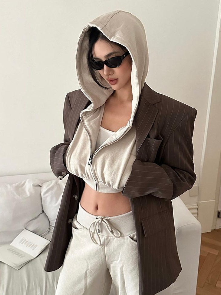rovente High Waist Cropped Hooded Zipper Cotton Khaki Women Long Sleeve Cop Tops