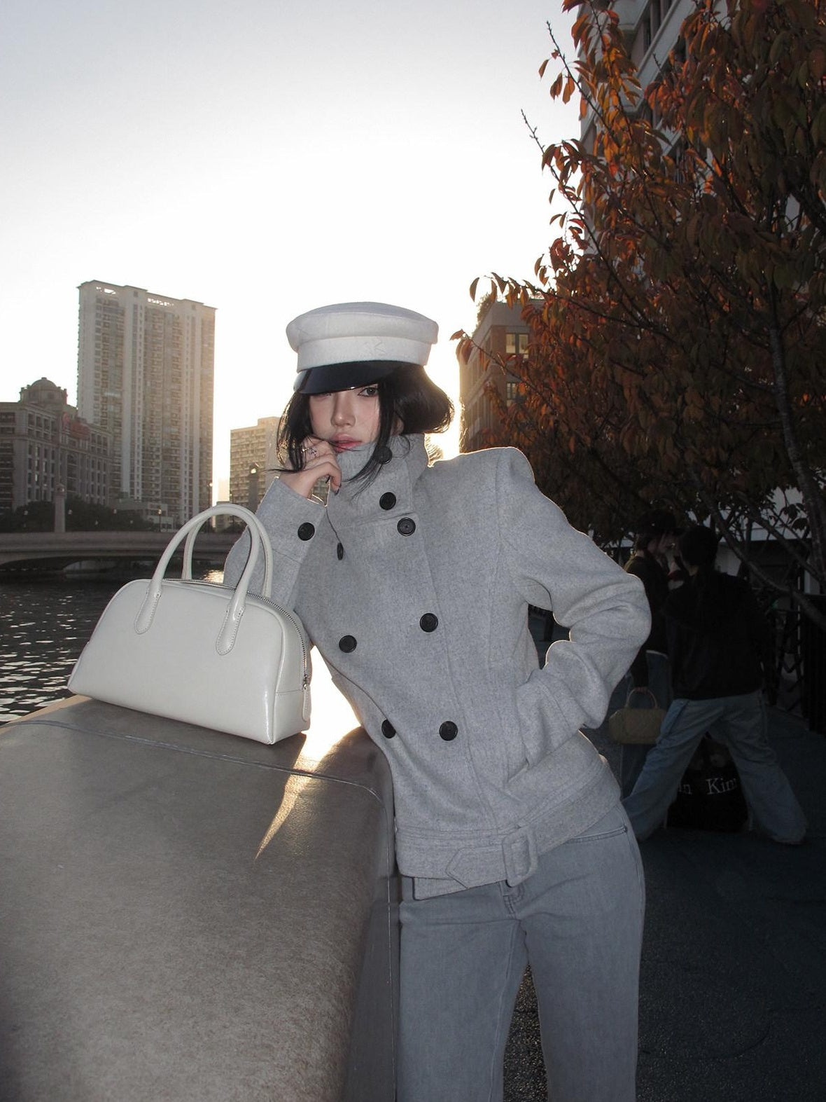 rovente Wool Blend Warm Minimal Loose Commuter Double Breasted Stand Collar Shot Coat