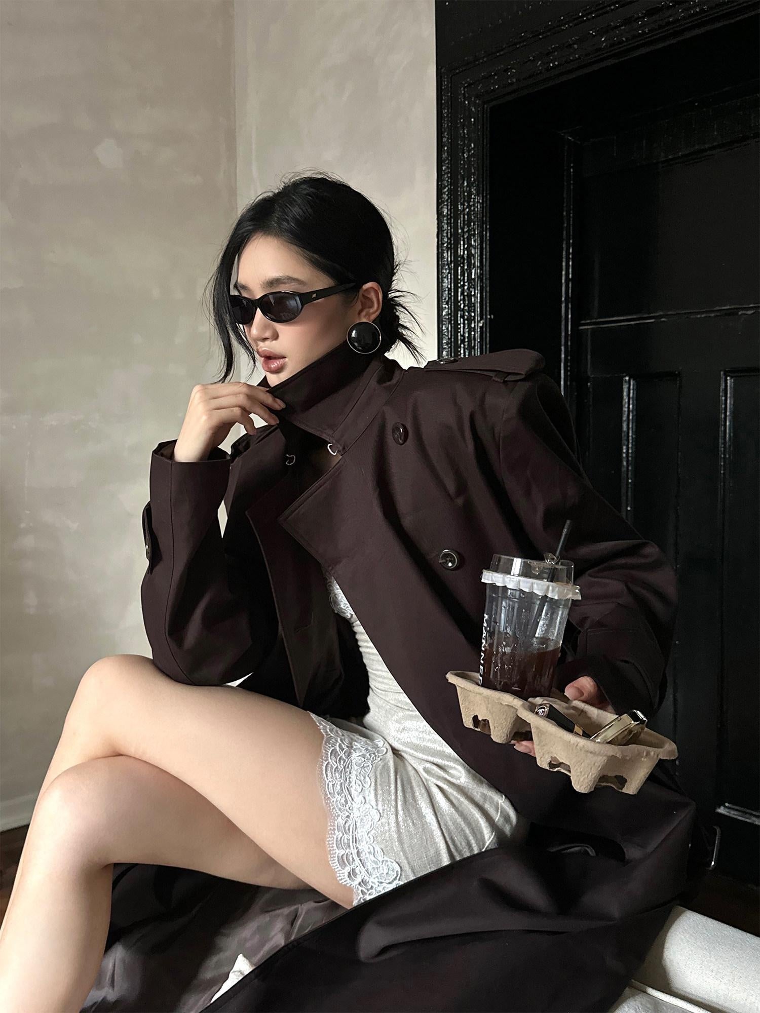 rovente Pure Cotton Longline Commuter Straight Cut Stand Collar Coffee Brown Tench Coats
