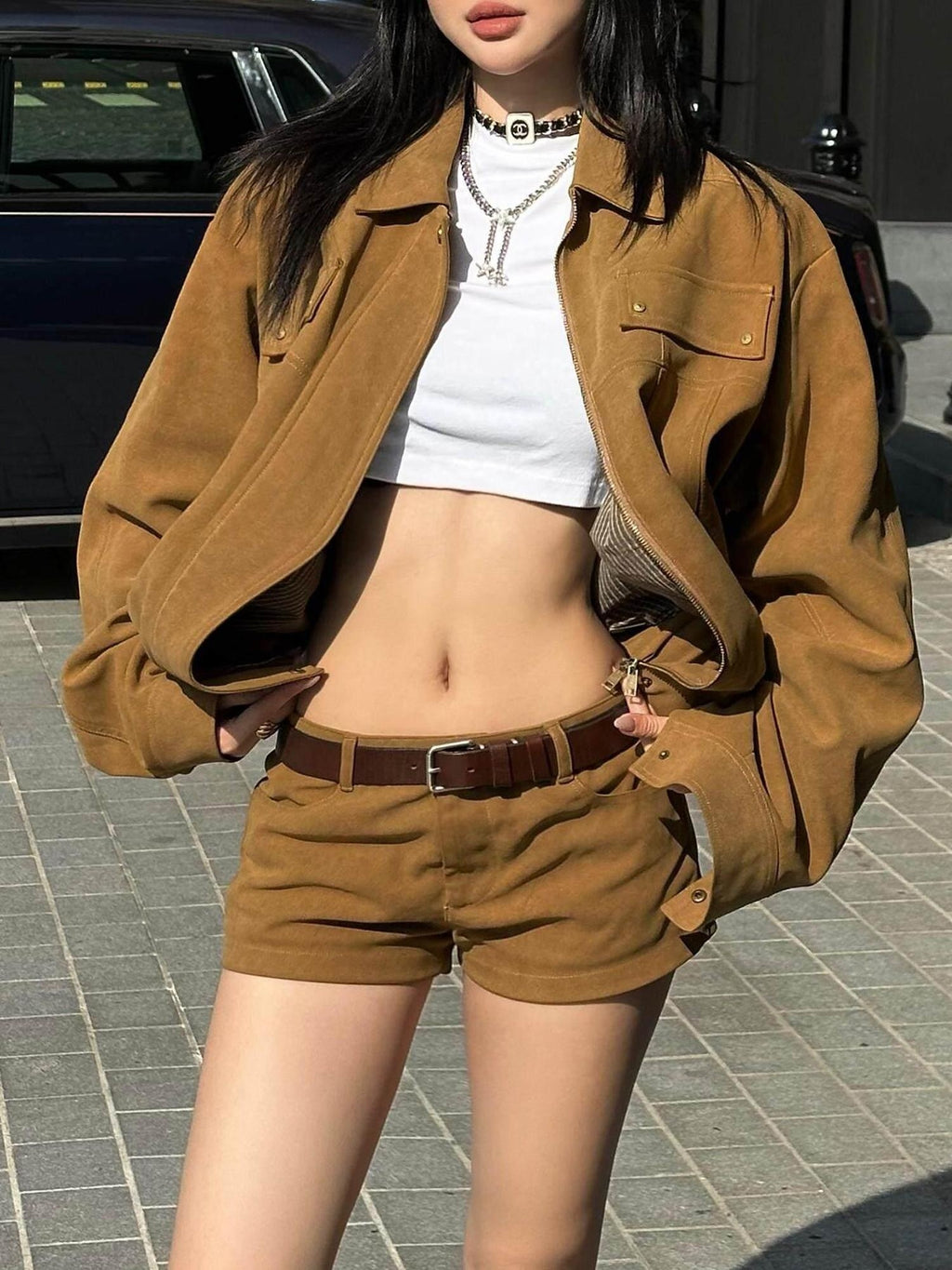 rovente Viscose Blend Relaxed Fit Polo Collar Solid Brown Women Commuter Copped Jackets