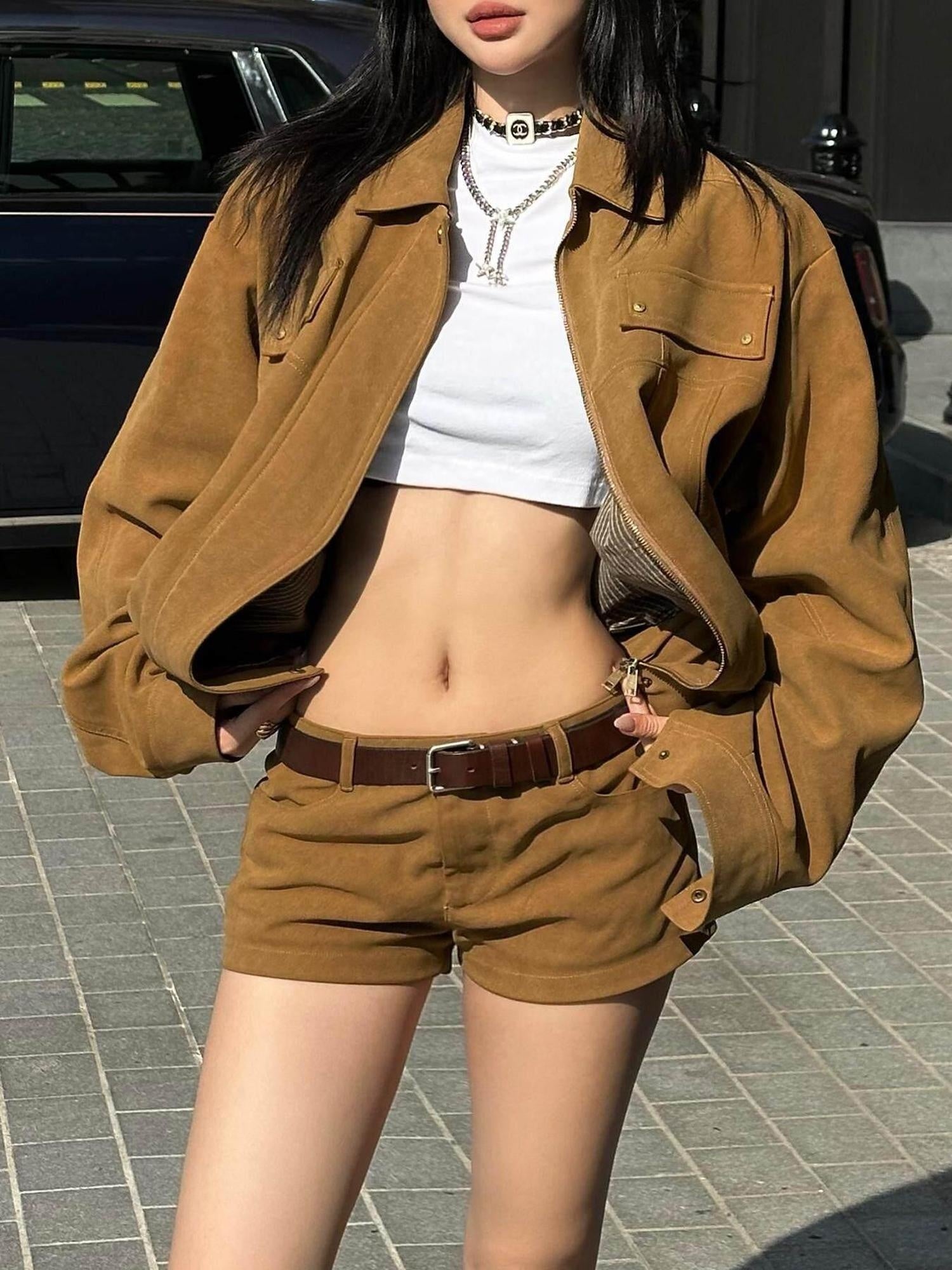 rovente Viscose Blend Relaxed Fit Polo Collar Solid Brown Women Commuter Copped Jackets