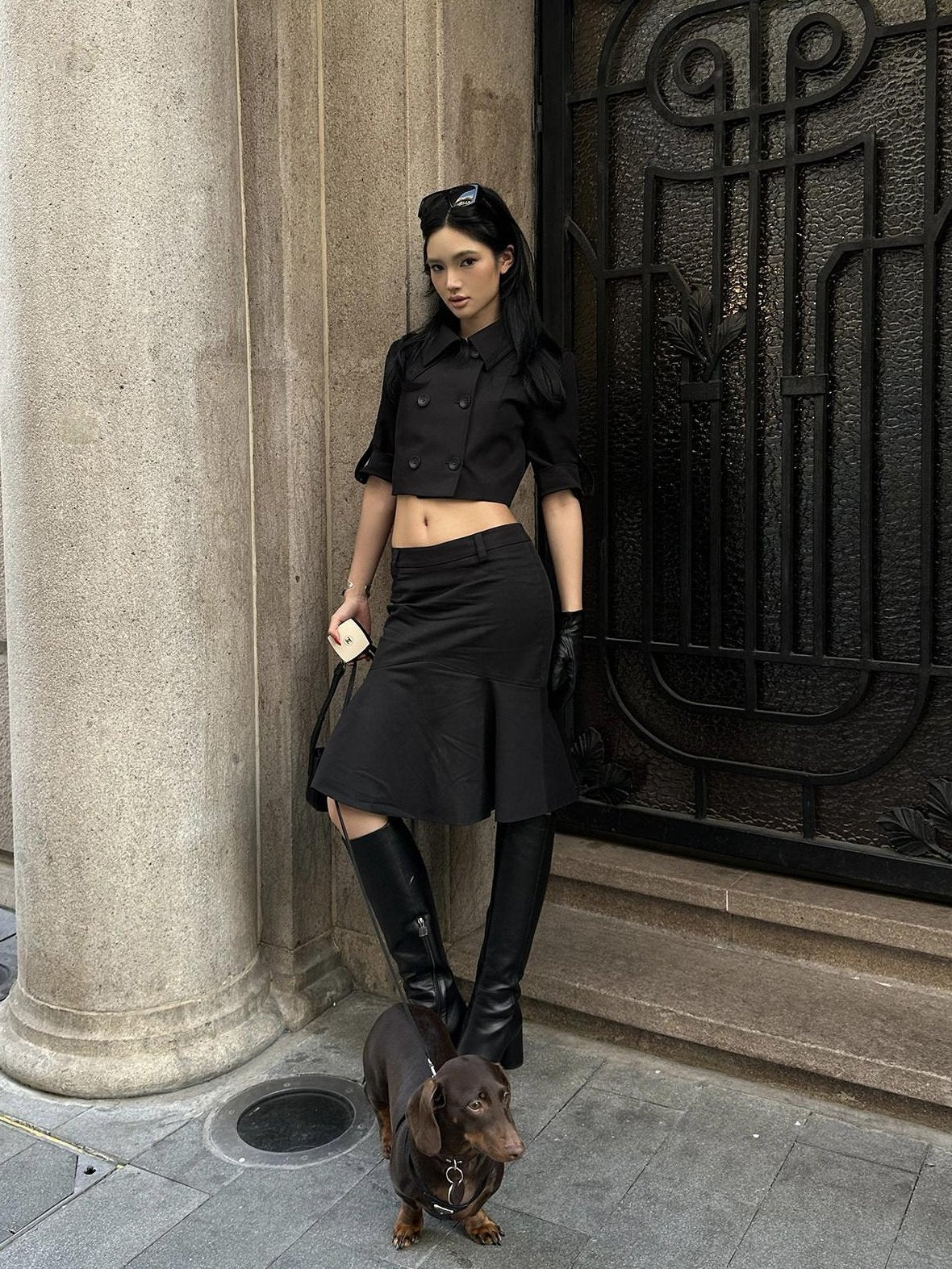 rovente Stretch Cotton Blend Casual Slim Fit Women Solid Black Midi Skits