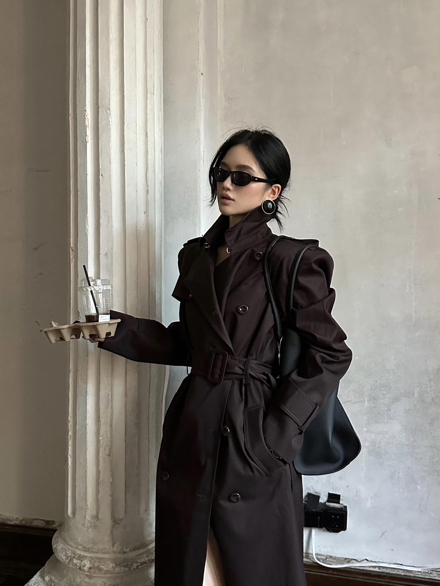 rovente Pure Cotton Longline Commuter Straight Cut Stand Collar Coffee Brown Tench Coats